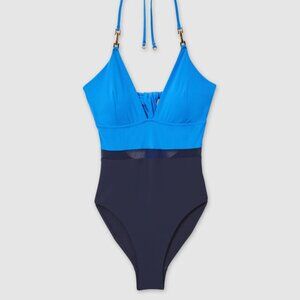 NWOT Reiss Daisy Blue/Navy Colorblock Halter Tie Back Swimsuit, Size 10